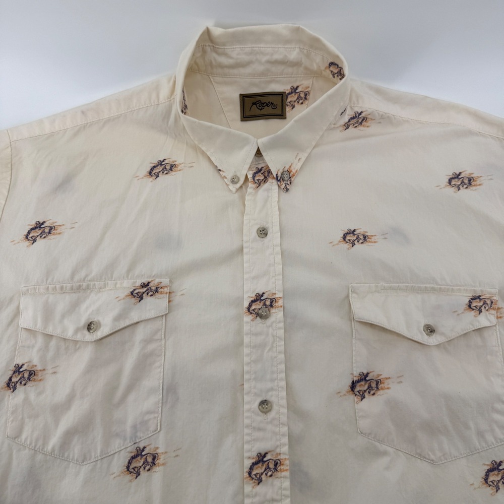 Roper‎ Shirt Men XL Cream Bronco Print Cotton Blend Western Button Down SS